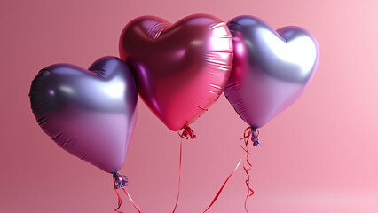 Heart-Shaped Metallic Balloons on Pink Background