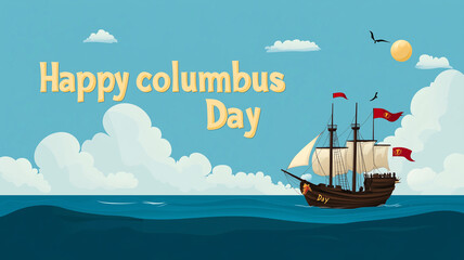 Illustration, flat lay, sailing ship, columbus day poster, text " Happy columbus Day". Happy columbus day Greeting card, caravel on blue waves.