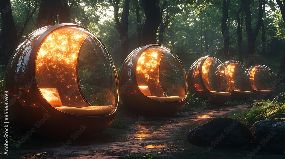 Canvas Prints Futuristic egg-shaped pods with glowing interiors in a forest setting.