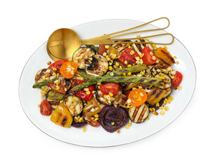 Delicious salad with grilled vegetables and cutlery isolated on white, top view