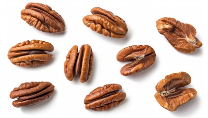 Pecan Nuts in various positions on a white isolated background