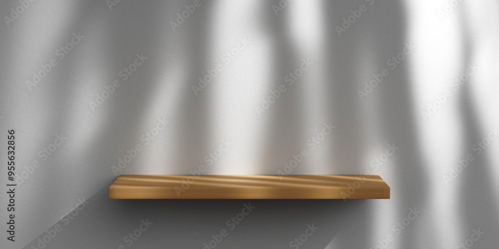 Poster white minimalist wall with wooden shelf for product presentation. empty room with shadows of blinds.