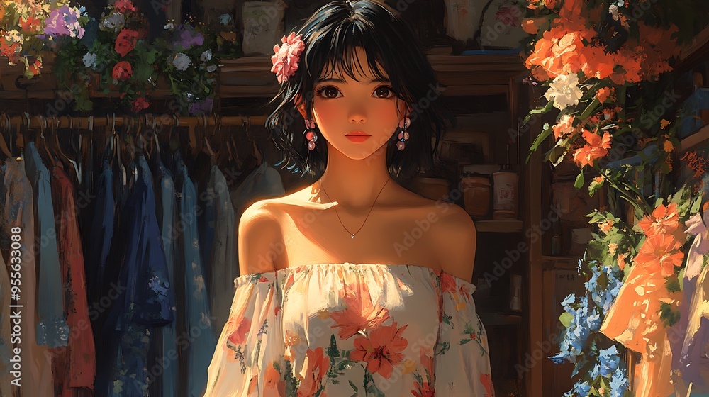 Wall mural Beautiful Anime Girl in Floral Dress.