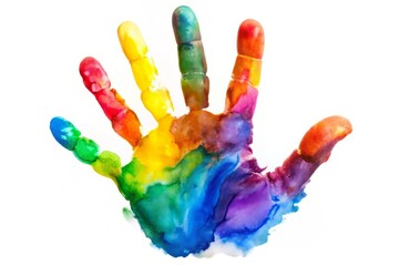 Vibrant And Colorful Handprint In Various Hues Of Watercolor Paint, Forming An Abstract And Playful Design On A