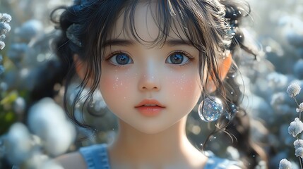 Portrait of a Young Girl with Sparkling Eyes and Freckles.