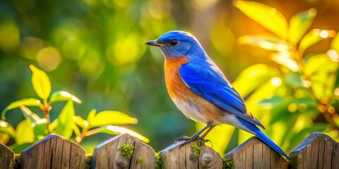Fototapeta premium Vibrant bluebird perched on a rustic wooden fence, surrounded by lush greenery, with bright blue feathers glistening in