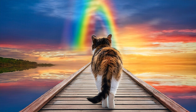 Kitty cat walking over the rainbow bridge with its back to the camera