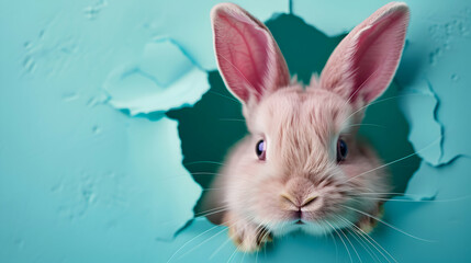 Obraz premium Bunny Peeking Out Hole Blue Wall Fluffy