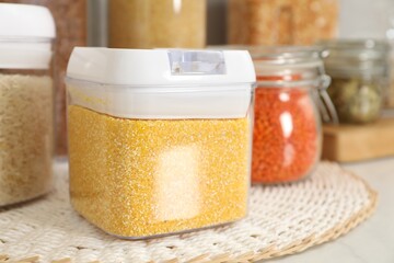 Different types of cereals and legumes in containers on light table, closeup