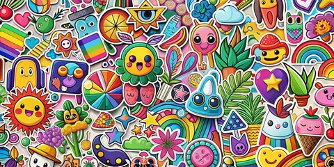 Vibrant colorful sticker collection with transparent background, featuring various shapes, icons, and designs, ready