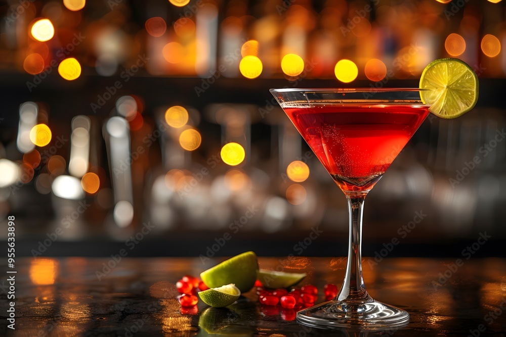 Poster refreshing red cocktail with lime garnish in a vibrant bar setting