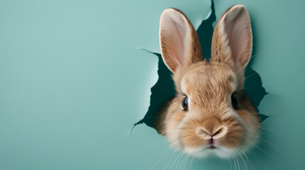 Bunny Peeking Out Hole Blue Wall Fluffy