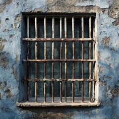 Window With Bars. Gaol Cell with Metal Bars on Closed Prison Wall