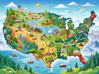 Vibrant map of the United States highlighting stunning national parks, monuments, and landmarks amidst majestic