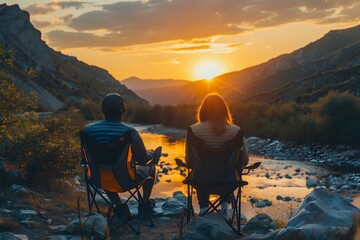 Obraz premium Serene Sunset by the River: A Perfect Camping Moment