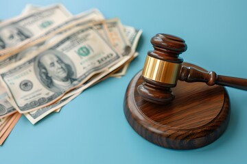 Justice and Wealth: A Gavel Resting on a Blue Surface Beside Stacks of Cash