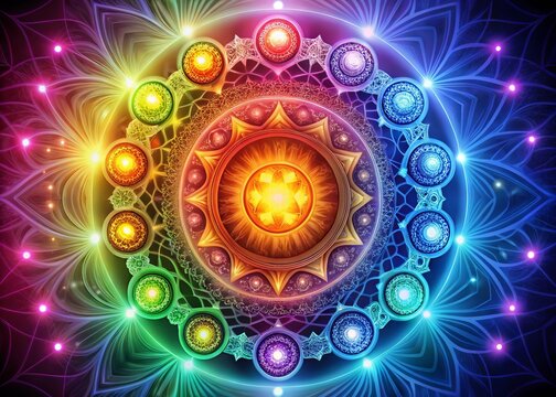 Vibrant, swirling colors illustrate the seven chakras and intricate network of nadis, symbolizing spiritual energy and