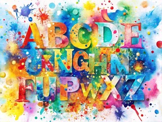 Vibrant watercolor background featuring splattered paint and abstract shapes, with bold, colorful alphabet letters