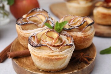 Freshly baked apple roses with mint, cinnamon and anise star on light table, closeup