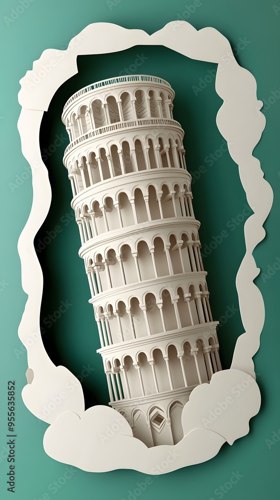 Poster 42. **design a 3d paper cut of the tower of pisa with its characteristic lean, leaving space around 