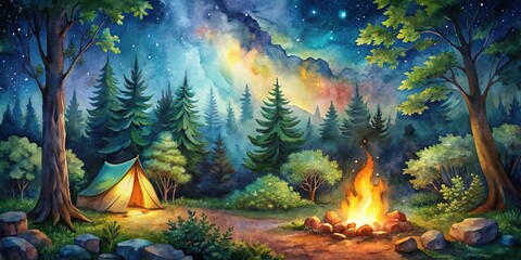 Fototapeta premium Vibrant watercolor hues dance across a whimsical campfire scene, where flames flicker amidst starry night skies,