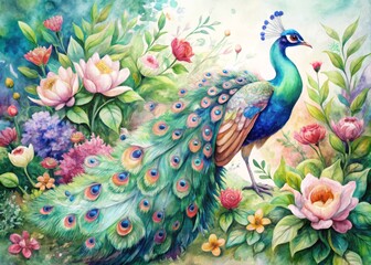 Vibrant watercolor illustration of a majestic peacock spreading its stunning iridescent tail, surrounded by lush