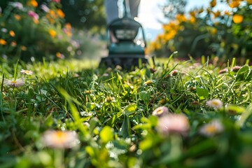 A Lush Garden Scene with a Lawn Mower in Action