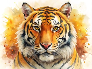 Fototapeta premium Vibrant watercolor illustration of a majestic tiger's face, rendered in soft, blended hues of orange, yellow, and