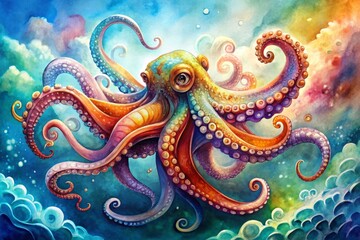 Vibrant watercolor illustration of an octopus with swirling tentacles and bold colors, blending whimsy and realism, set