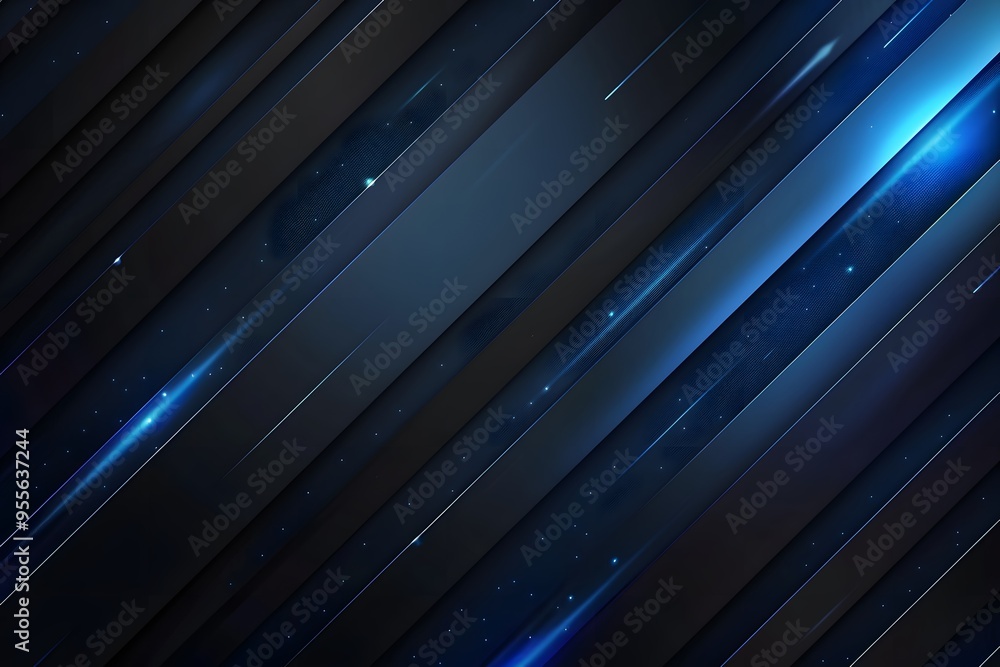 Poster Dynamic Blue and Black Abstract Background with Diagonal Lines and Light Effects