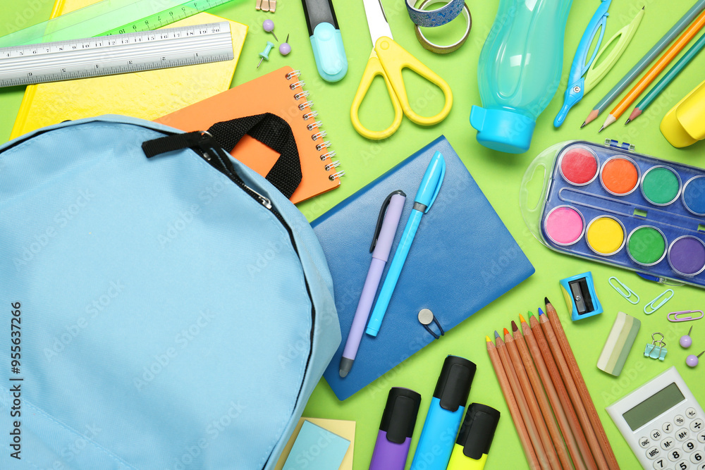 Sticker Backpack and different school stationery on light green background, flat lay