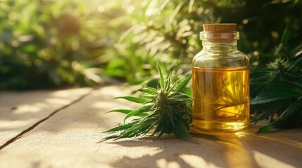 organic hemp plant beside oil bottle, holistic wellness banner with space for text, promoting natural health and well-being