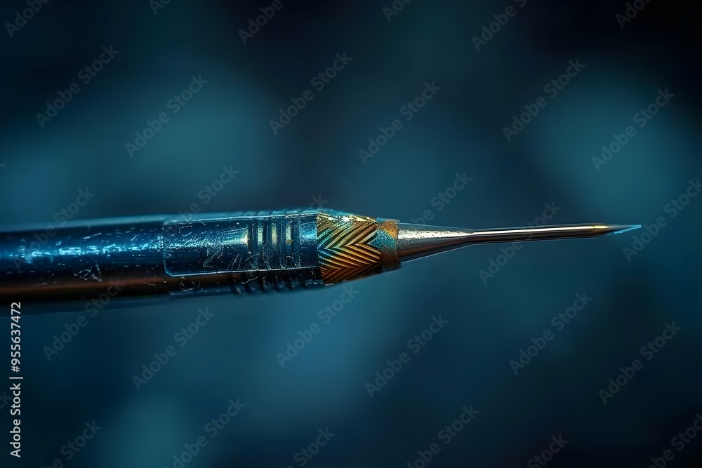 Poster close-up of a precision needle with intricate design against a soft focus background