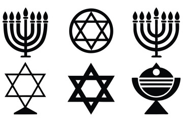 Set of Hanukkah Logo Icon Set - 6 Minimalist Silhouettes of Menorah, Dreidel, and Star of David for Holiday Decorations and Educational Materials 