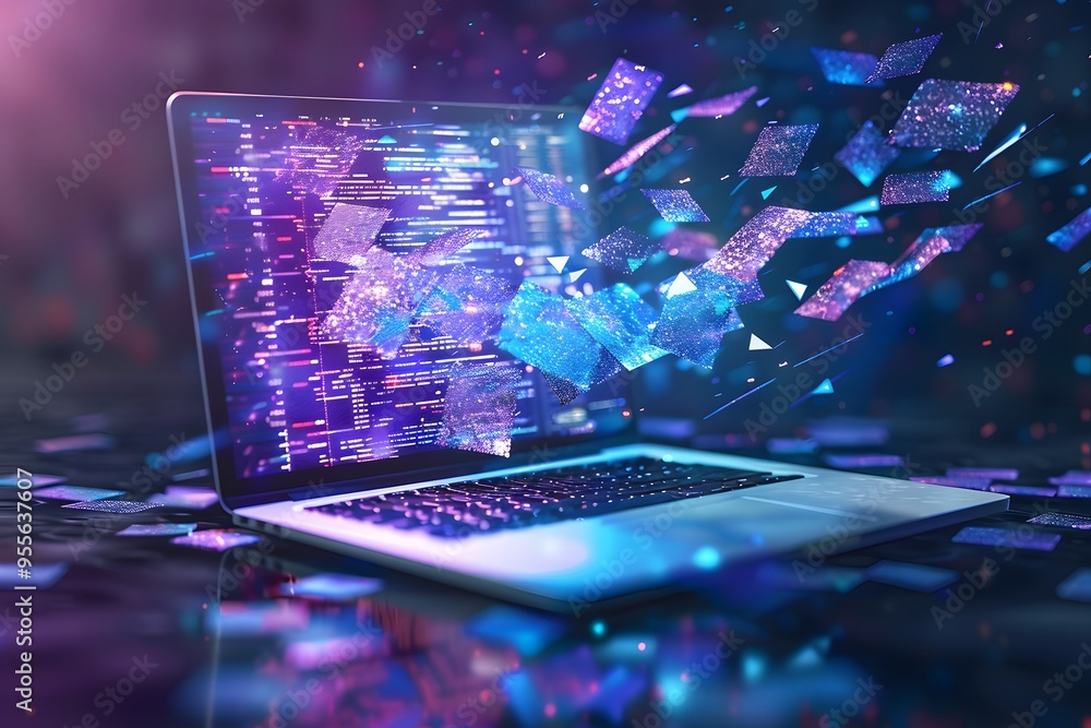 Poster digital transformation: a laptop surrounded by floating data fragments