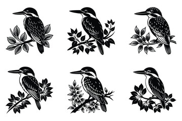 Set of kingfisher sitting on a branch silhouette vector illustration 