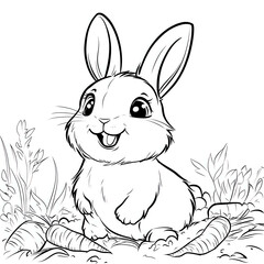 Cute cartoon rabbit sitting among carrots in a garden, drawn in a black and white outline style, perfect for coloring activities.