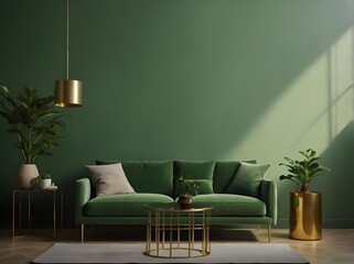 Luxury living room wall mockup with green sofa and decor on dark green background
