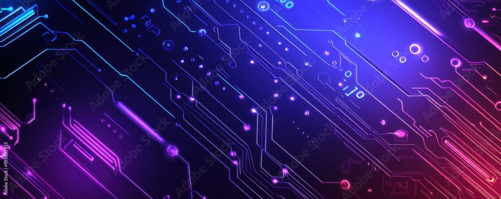 Poster abstract background with purple and blue digital circuit board design, showcasing futuristic technol