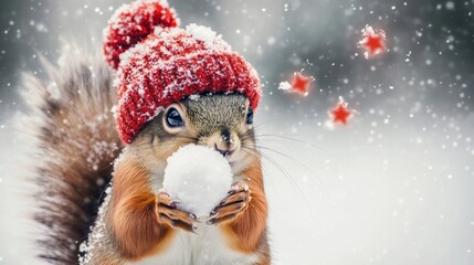 Obraz premium An adorable squirrel with a red hat on his head is holding a snowball, suitable for winter and holiday themes with space for text.