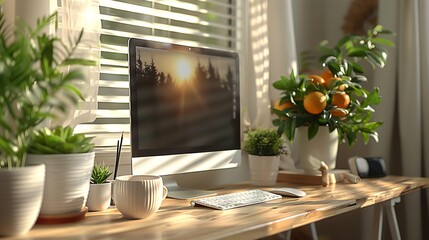 Fototapeta premium A modern home office desk with a computer, a cup of coffee, and plants.