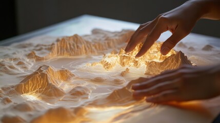 Hands exploring illuminated tactile 3D map model
