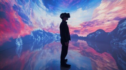 Fototapeta premium Man experiencing virtual reality in immersive environment 