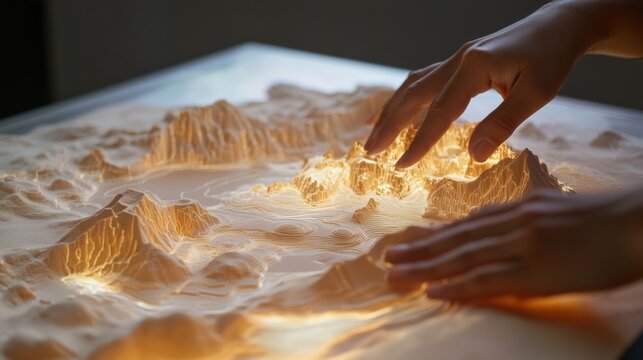 Hands exploring illuminated tactile 3D map model
