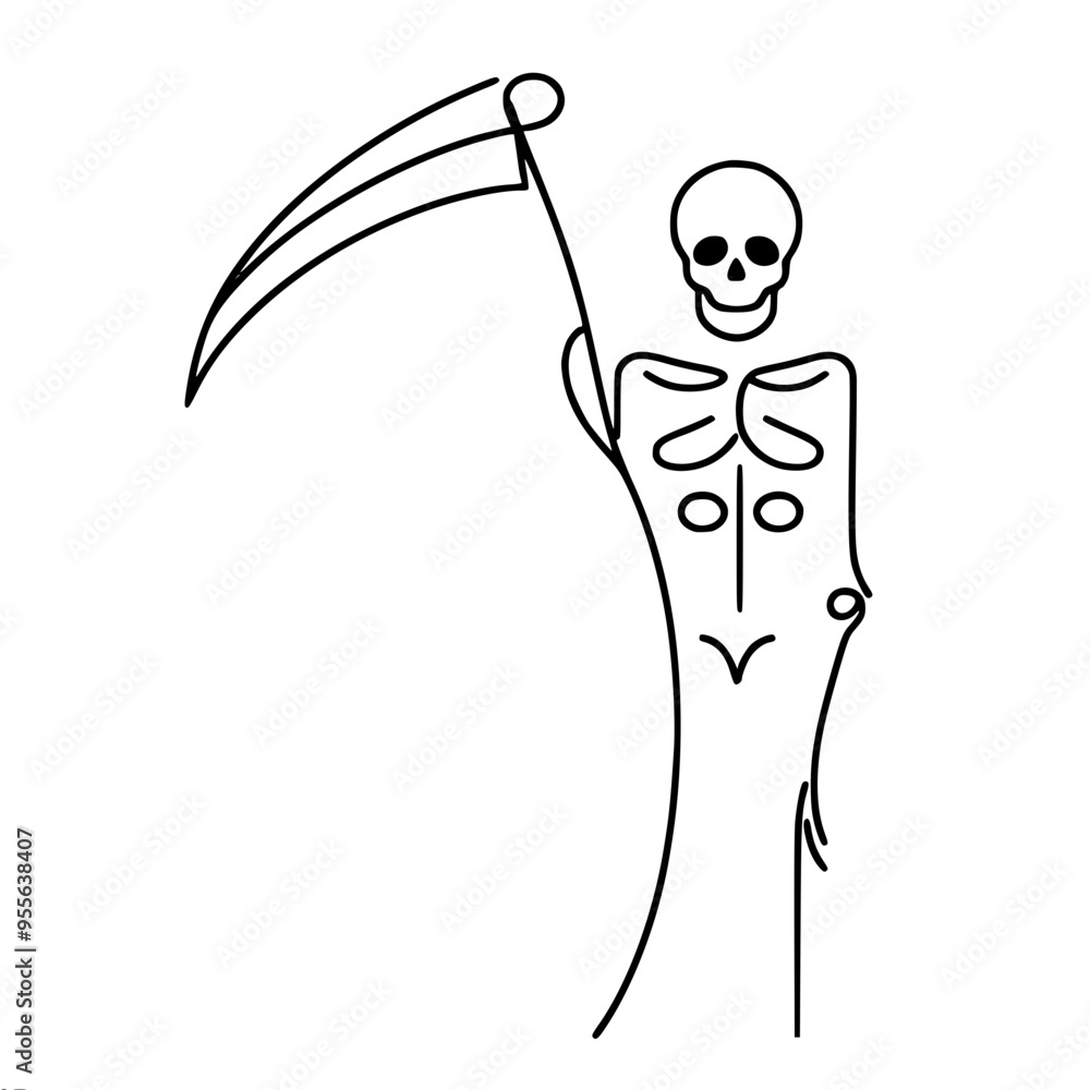 Poster a minimalistic linear vector drawing of a skeleton with a scythe, symbolizing death, depicted in a s