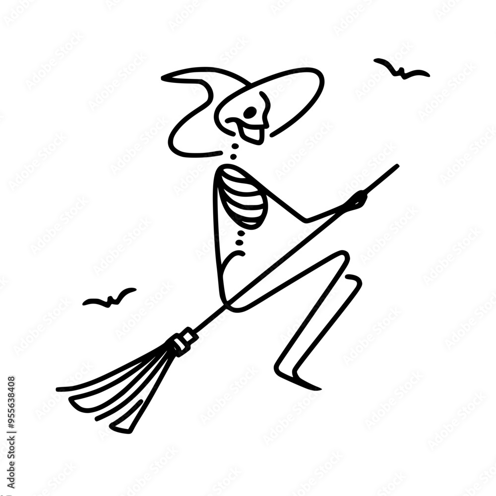 Poster minimalistic linear vector drawing of a skeleton wearing a witch hat flying on a broomstick with two