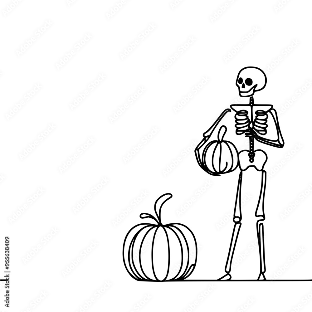 Poster minimalistic linear vector drawing of a skeleton holding a pumpkin next to another pumpkin on a plai