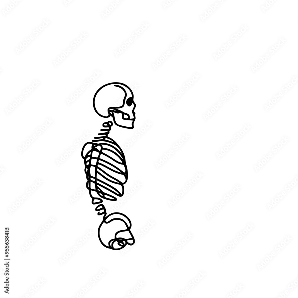 Poster a minimalistic linear vector drawing of a human skeleton done in continuous lines, creating an abstr