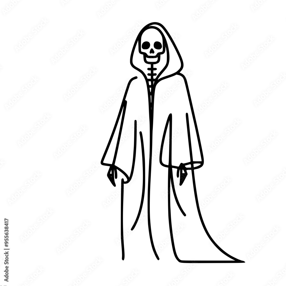 Poster single line vector drawing of a hooded skeleton creating a dark and mysterious image symbolizing dea