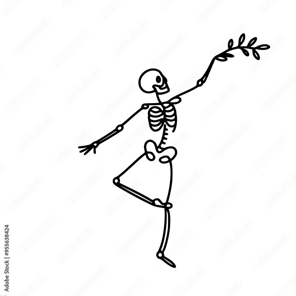 Poster a minimalistic linear vector drawing of a skeleton in a dancing pose, with one arm raised up and the